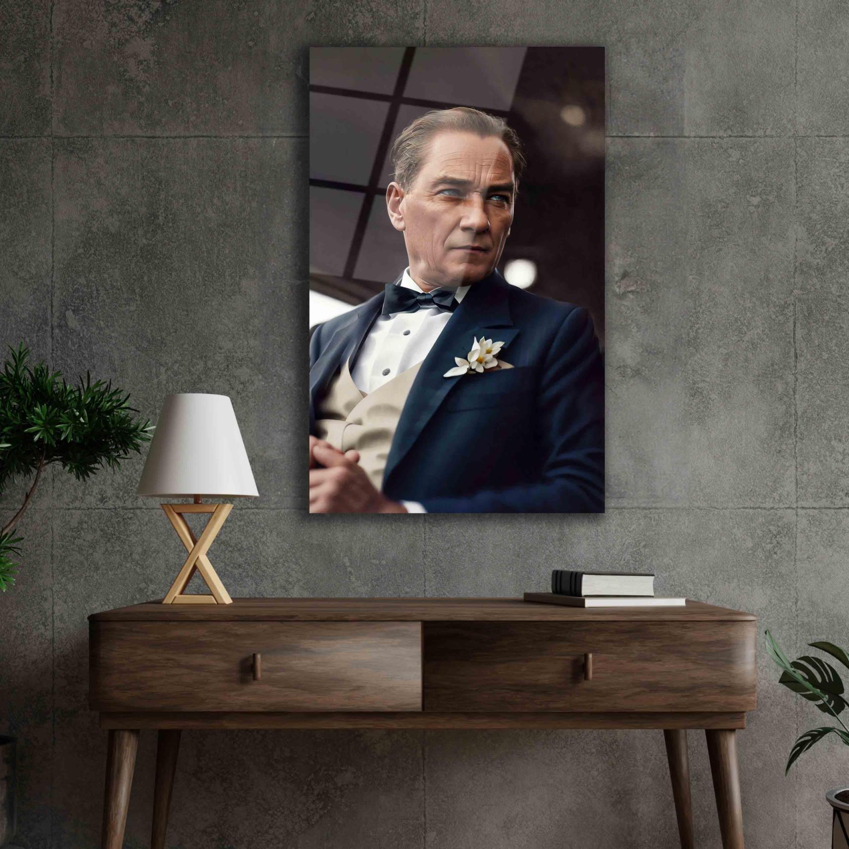 Dikey%20Şık%20Atatürk%20Siluet%20Baskılı%20Cam%20Tablo