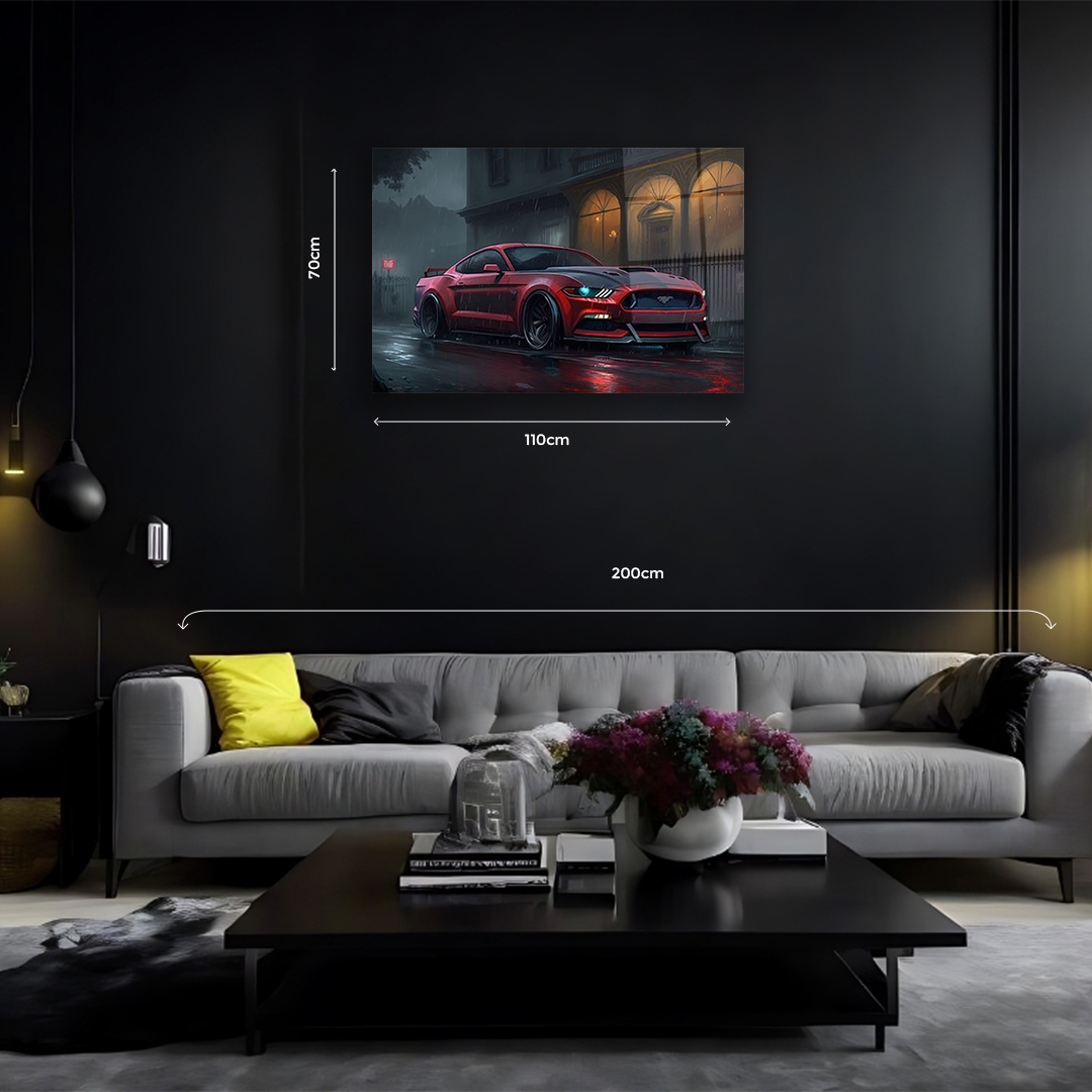 Kırmızı%20Mustang%20Yağmurlu%20Gece%20Görünümlü%20Cam%20Tablo