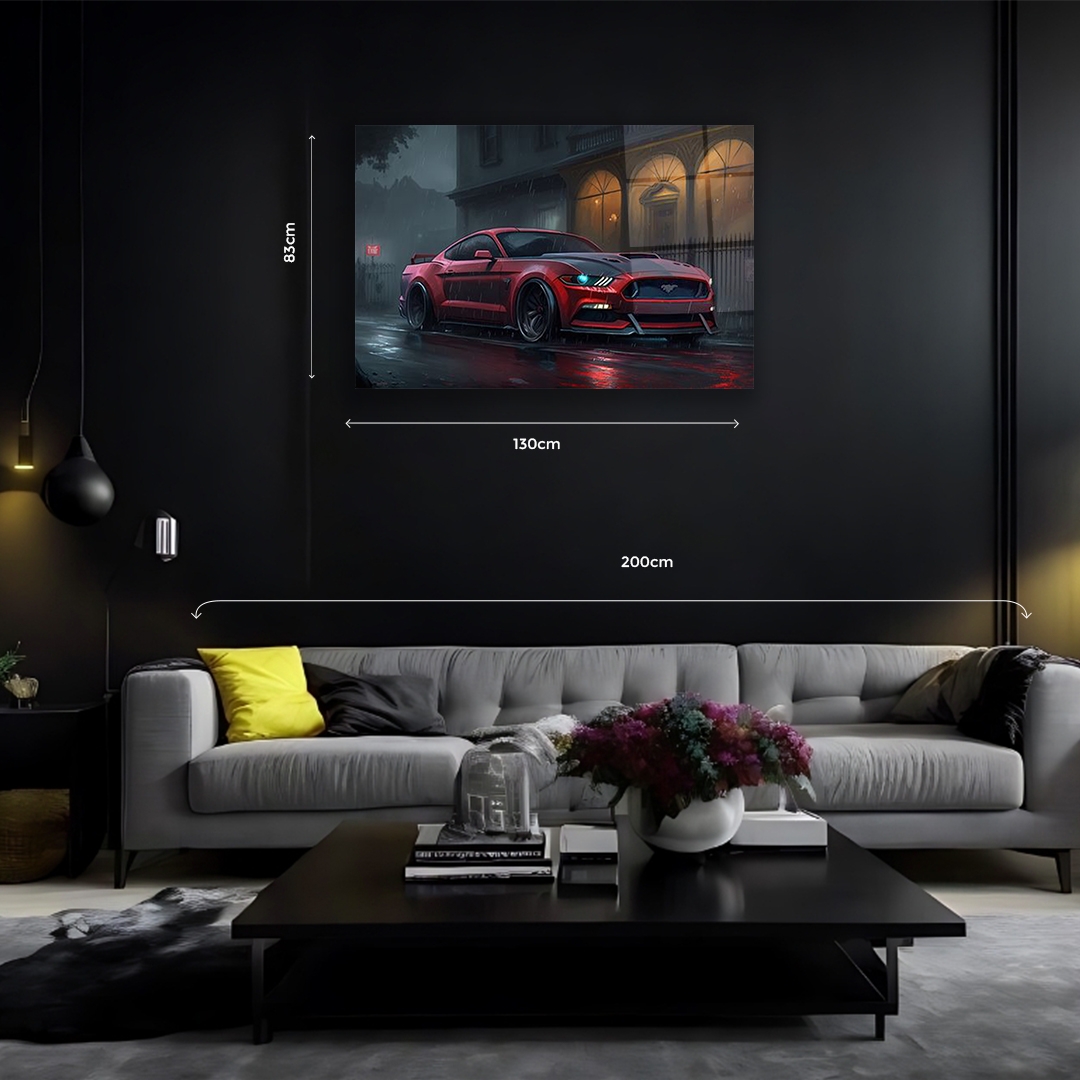 Kırmızı%20Mustang%20Yağmurlu%20Gece%20Görünümlü%20Cam%20Tablo