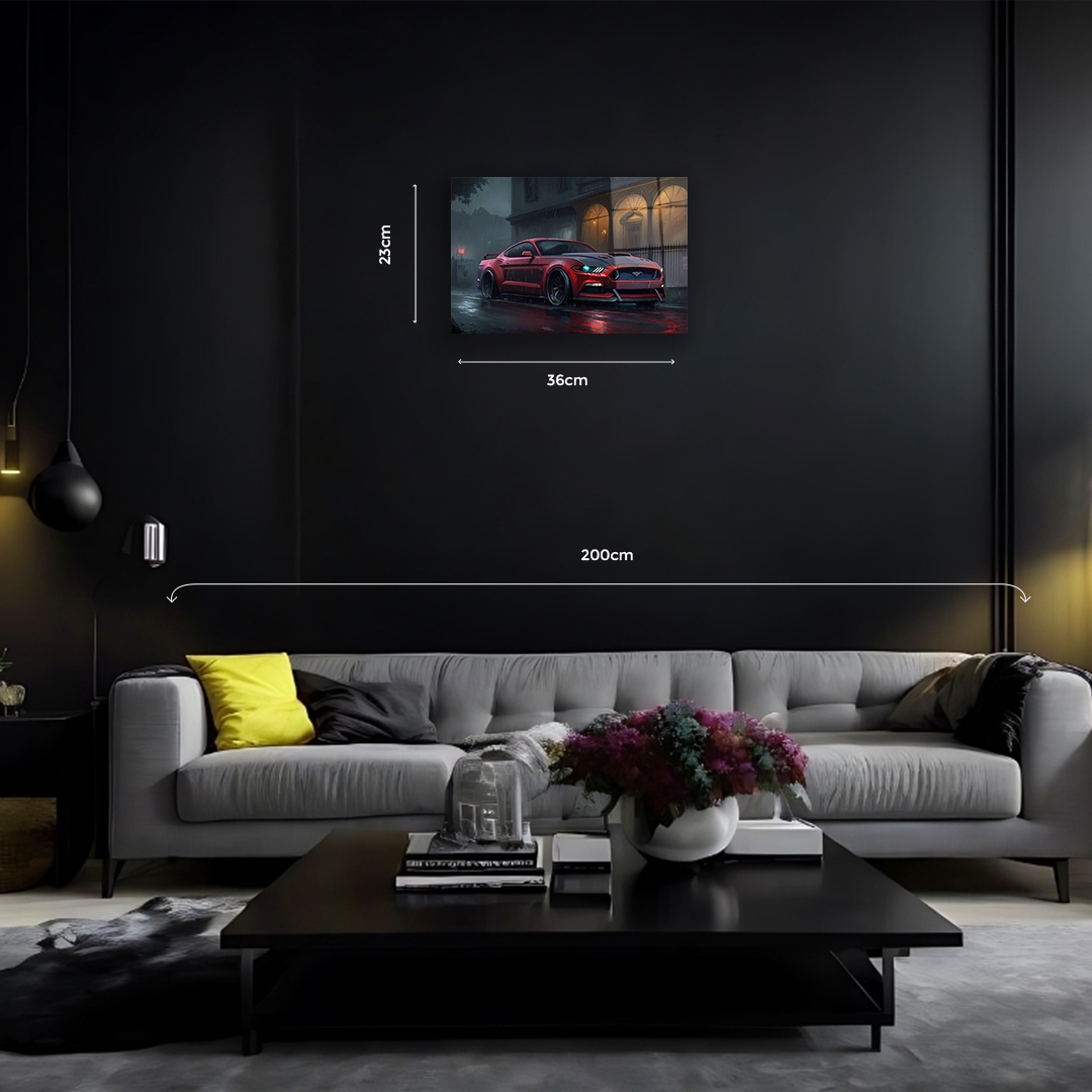 Kırmızı%20Mustang%20Yağmurlu%20Gece%20Görünümlü%20Cam%20Tablo
