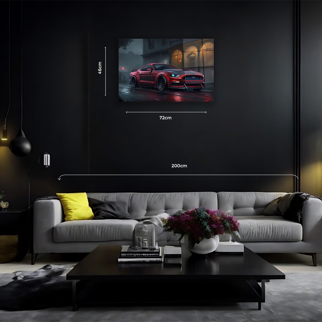 Kırmızı%20Mustang%20Yağmurlu%20Gece%20Görünümlü%20Cam%20Tablo
