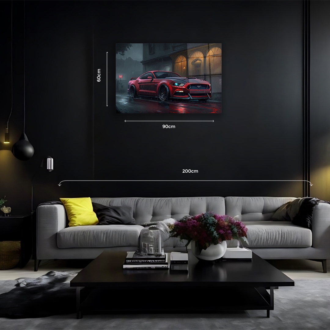 Kırmızı%20Mustang%20Yağmurlu%20Gece%20Görünümlü%20Cam%20Tablo