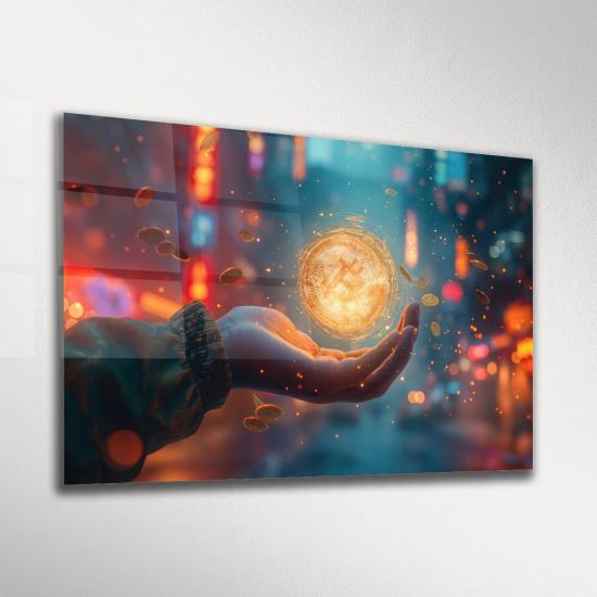 Yatay Avuç İçinde Güneş Bitcoin Soyut Cam Tablo