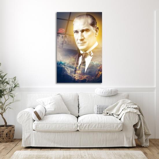 Dikey Renkli Atatürk ve Bayrak Cam Tablo