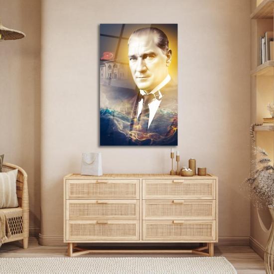 Dikey Renkli Atatürk ve Bayrak Cam Tablo