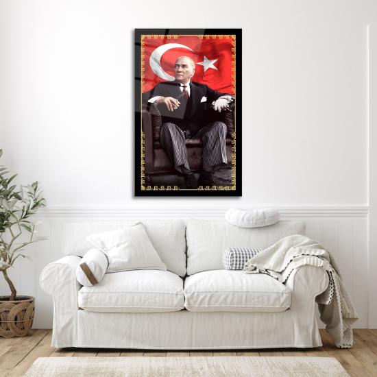 Dikey Atatürk ve Bayrak Cam Tablo