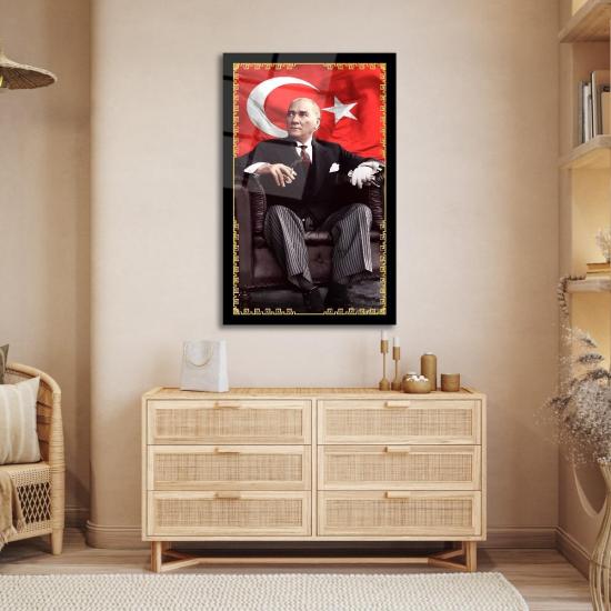 Dikey Atatürk ve Bayrak Cam Tablo