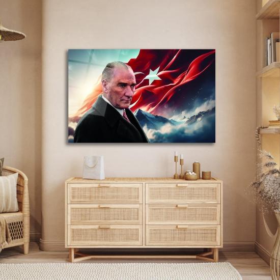Yatay Atatürk ve Bayrak Cam Tablo
