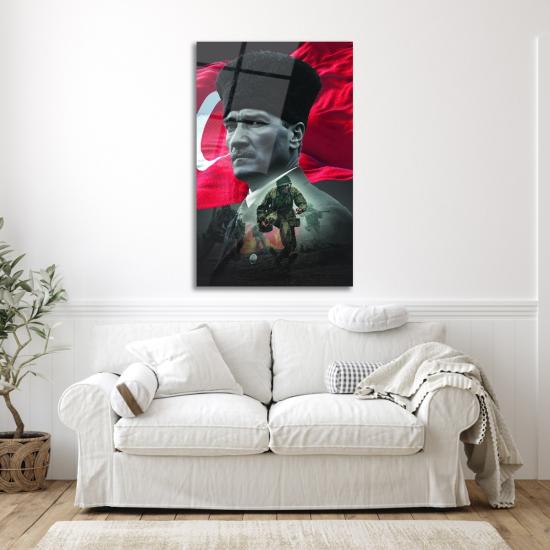 Siyah Kırmızı Atatürk ve Bayrak Cam Tablo