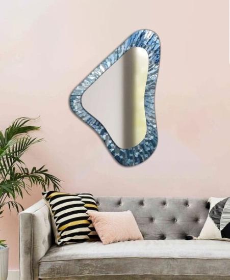 Asimetrik Mavi Dalgalı Desen Dekoratif Ayna