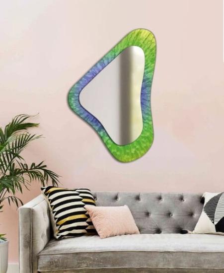 Asimetrik Yeşil ve Mavi Dalgalı Desen Dekoratif Ayna