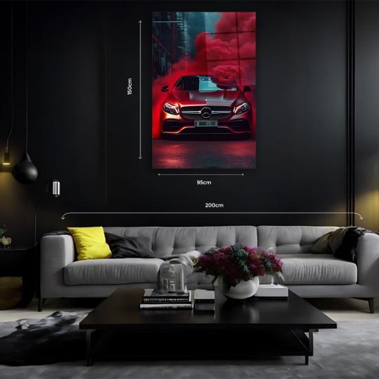 Kırmızı Mercedes ve Duman Tasarımlı Cam Tablo