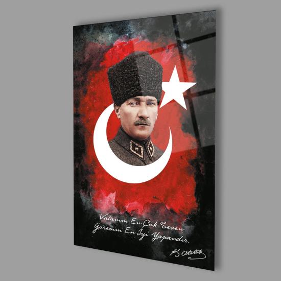 Dikey Atatürk ve Bayrak Birleşik Cam Tablo