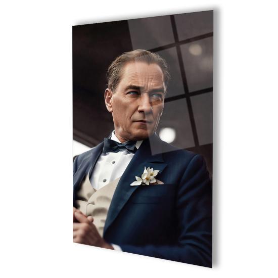 Dikey Şık Atatürk Siluet Baskılı Cam Tablo