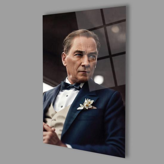 Dikey Şık Atatürk Siluet Baskılı Cam Tablo