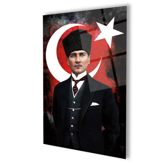Dikey Ay, Yıldız ve Atatürk Silüet Cam Tablo