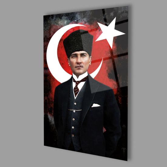 Dikey Ay, Yıldız ve Atatürk Silüet Cam Tablo