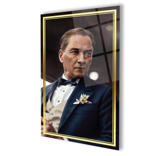 Dikey Şık Tasarım Atatürk Portre Cam Tablo