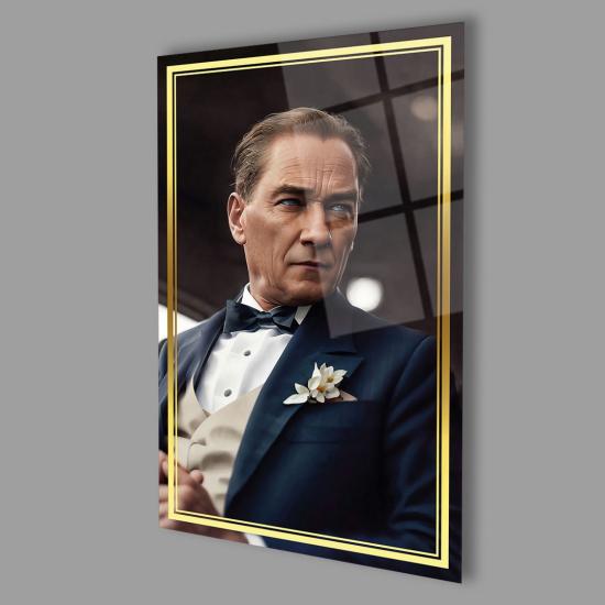 Dikey Şık Tasarım Atatürk Portre Cam Tablo