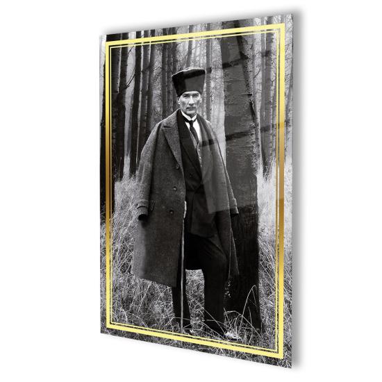 Dikey Sarı Çerçeveli Atatürk Cam Tablo