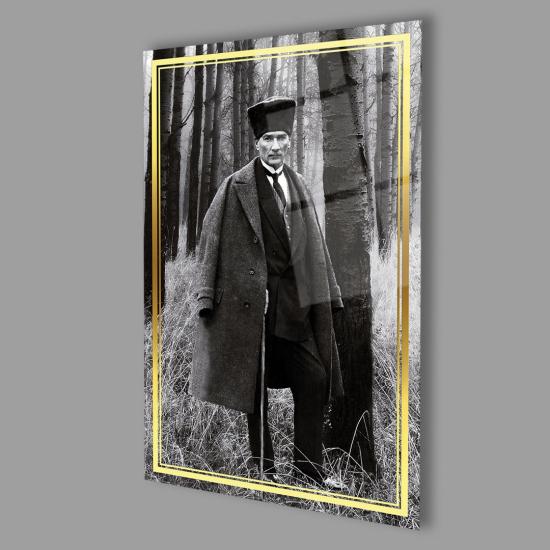 Dikey Sarı Çerçeveli Atatürk Cam Tablo