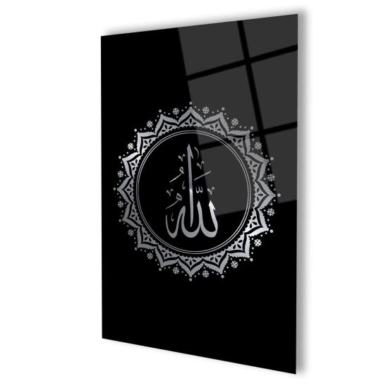 Dikey Siyah Temalı Allah Lafzı Cam Tablo