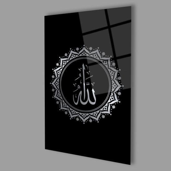 Dikey Siyah Temalı Allah Lafzı Cam Tablo