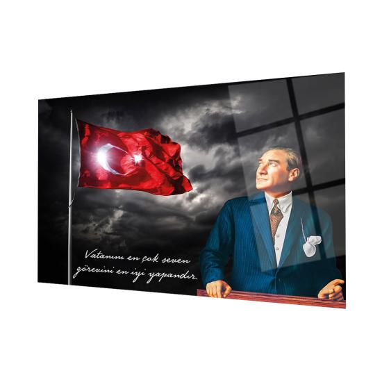 Yatay Atatürk ve Söz Detaylı Cam Tablo