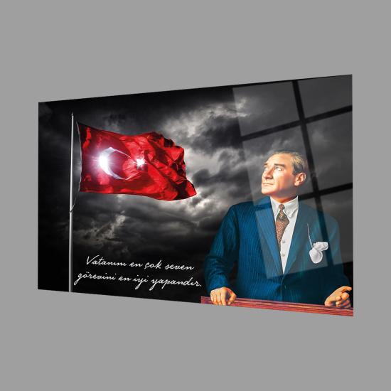 Yatay Atatürk ve Söz Detaylı Cam Tablo