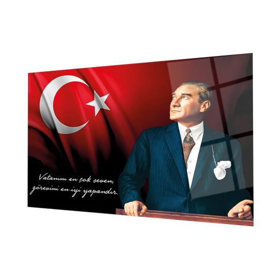 Yatay Bayrak ve Atatürk Silüetli Gölgeli Cam Tablo