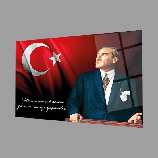 Yatay Bayrak ve Atatürk Silüetli Gölgeli Cam Tablo