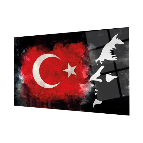 Bayrak ve Atatürk Siluetli Siyah Fonlu Cam Tablo