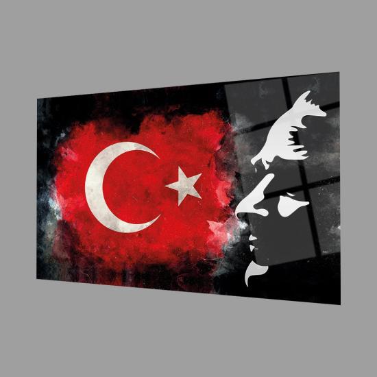 Bayrak ve Atatürk Siluetli Siyah Fonlu Cam Tablo