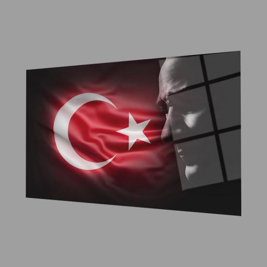Atatürk ve Bayrak Siyah Fonlu Cam Tablo