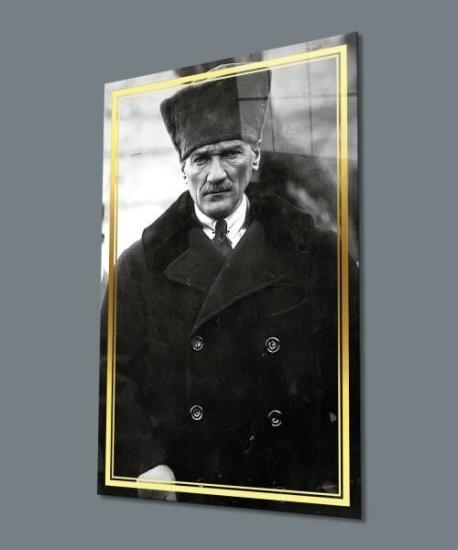 Dikey Atatürk Siyah Beyaz Modern Cam Tablo