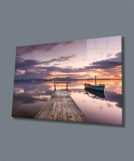 Yatay Göl ve Kayık Manzara Cam Tablo