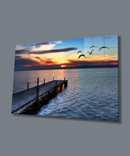 Yatay Kuşlar ve Deniz Manzarası Cam Tablo