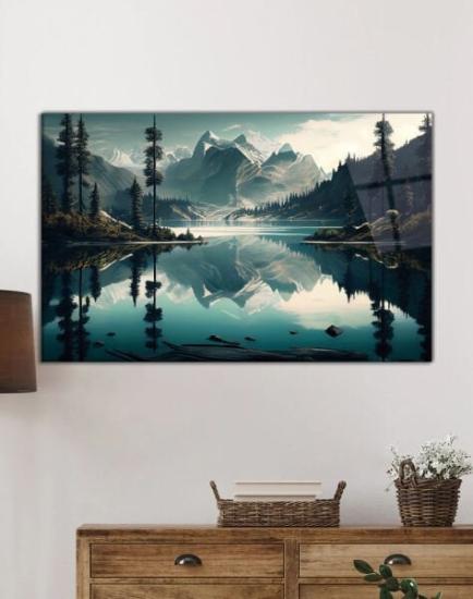 Yatay Dağ ve Göl Manzara Cam Tablo