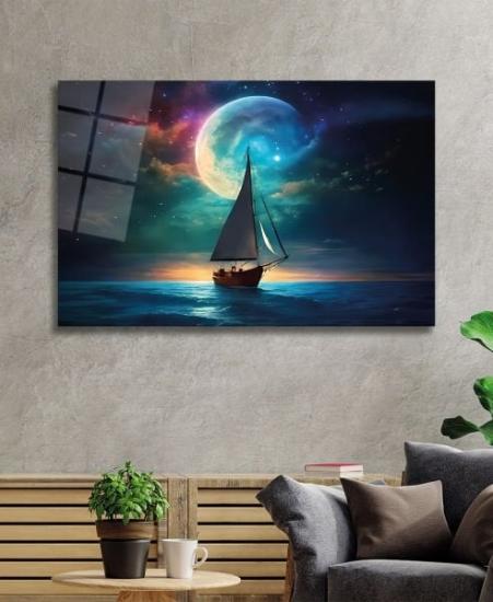 Yatay Günbatımı , Tekne ve Ay Manzara Cam Tablo