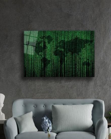 Matrix Temalı Dünya Haritası Cam Tablo