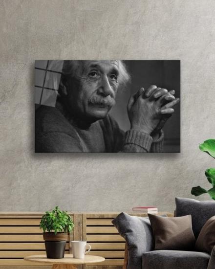 Siyah Beyaz Albert Einstein Fotoğrafı Cam Tablo
