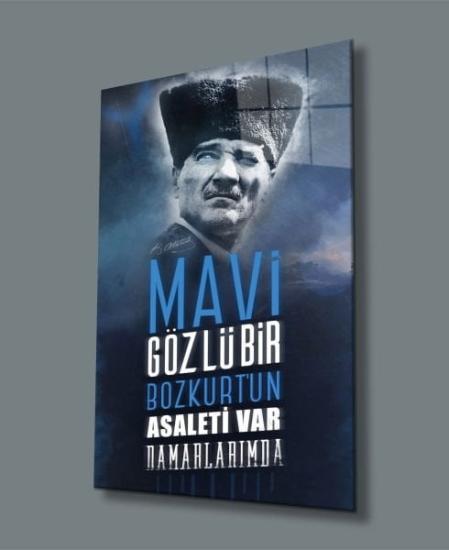 Dikey Mavi Temalı Atatürk Cam Tablo