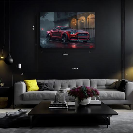 Kırmızı Mustang Yağmurlu Gece Görünümlü Cam Tablo