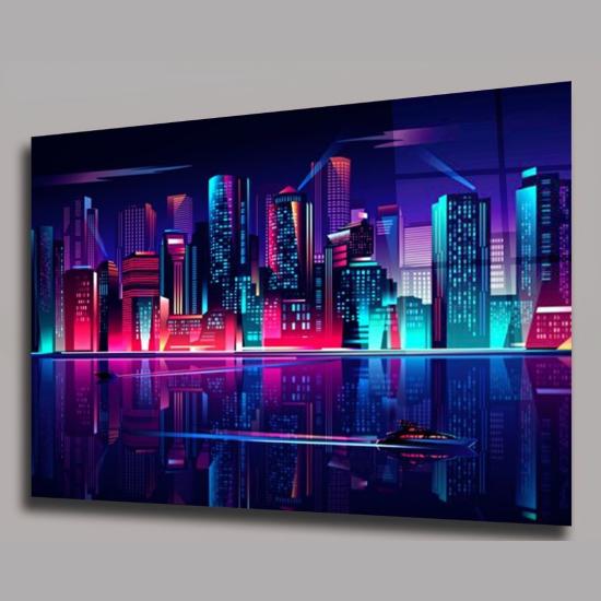 Neon Işıklarla Aydınlanan Şehir Manzarası Cam Tablo