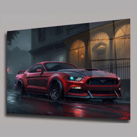 Kırmızı Mustang Yağmurlu Gece Görünümlü Cam Tablo