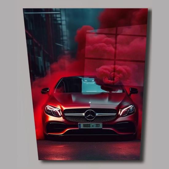Kırmızı Mercedes ve Duman Tasarımlı Cam Tablo