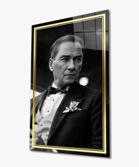 Sarı Çerçeve Atatürk Siyah Beyaz Cam Tablo