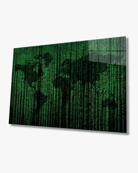 Matrix Temalı Dünya Haritası Cam Tablo