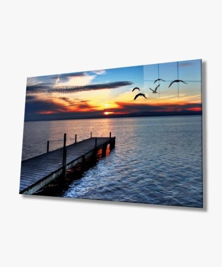 Yatay Kuşlar ve Deniz Manzarası Cam Tablo