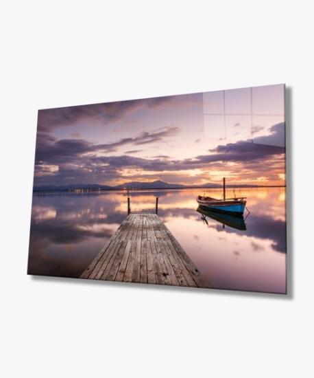 Yatay Göl ve Kayık Manzara Cam Tablo